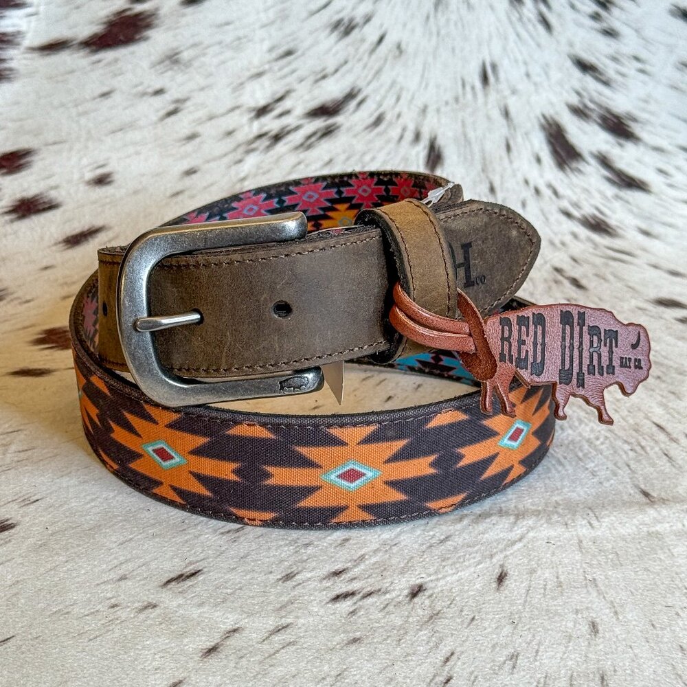 NEW Men's Aztec Fabric & Genuine Oiled Leather Western Belt (34)